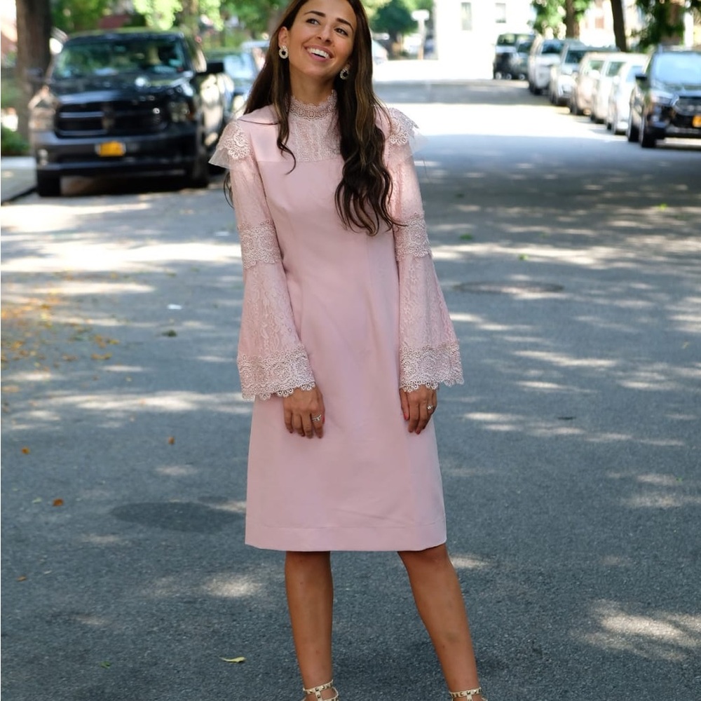 Light Pink Long Sleeve Midi Cocktail Dress with Lace Detail
